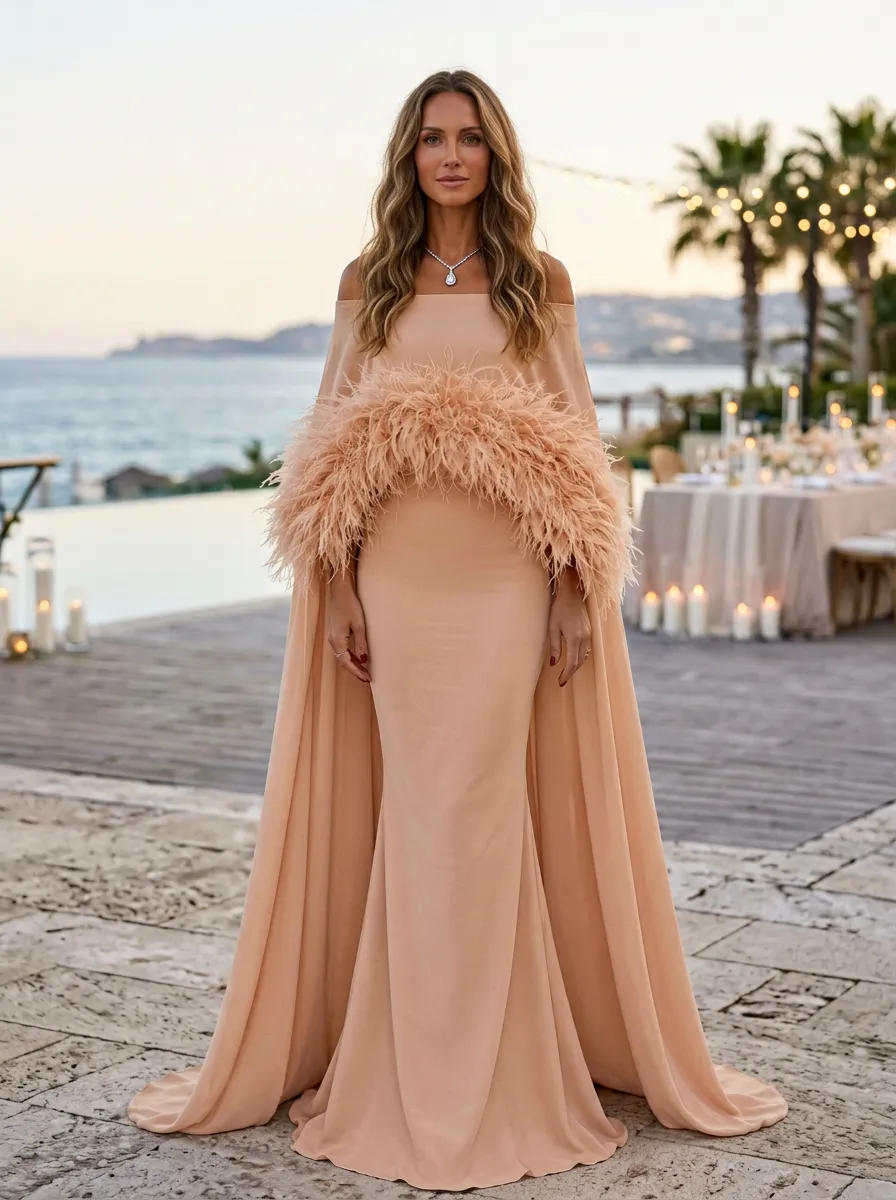Nude Pink Off Shoulder Feather Mermaid Maxi Dress