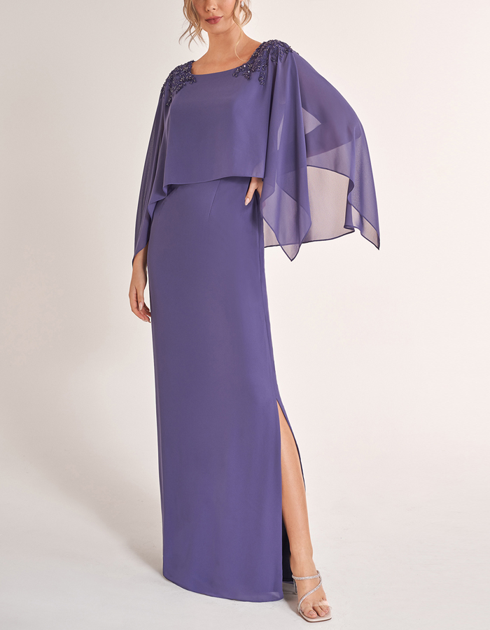 Purple Cape Long Sleeve Maxi Dress
