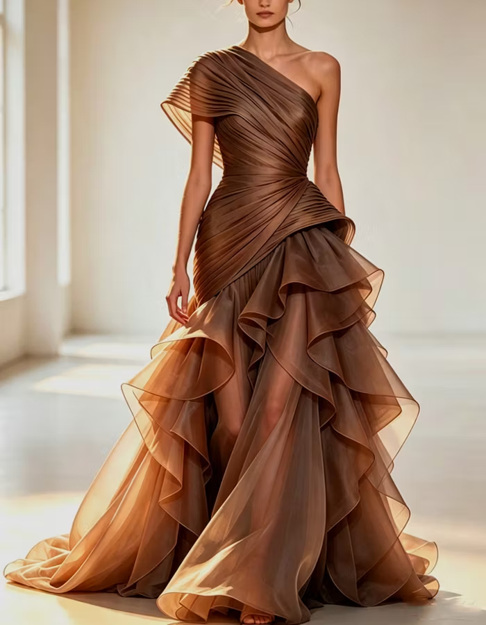 Black Asymmetrical One-shoulder Pleats Maxi Dress