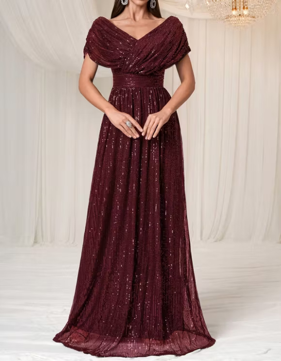 Navy Blue V‑Neck Sequin Tulle Fitted Waist A‑Line Maxi Dress