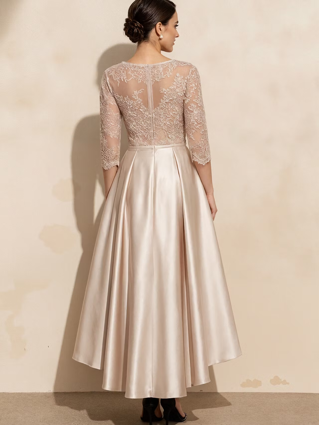 Solid Color Lace Three Quarter Sleeve High And Low Hem Satin Maxi Dress