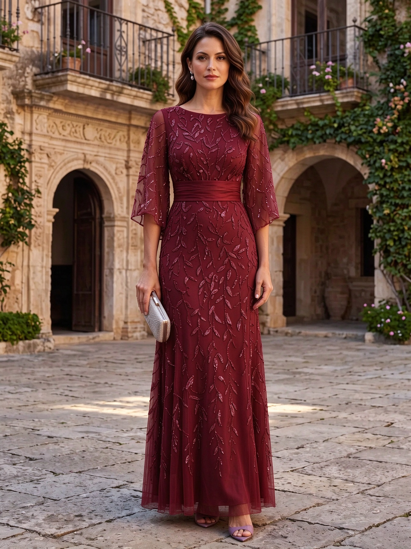 Dusty Rose Round Neck Flare Sleeve Sequin Leaf A-Line Maxi Dress