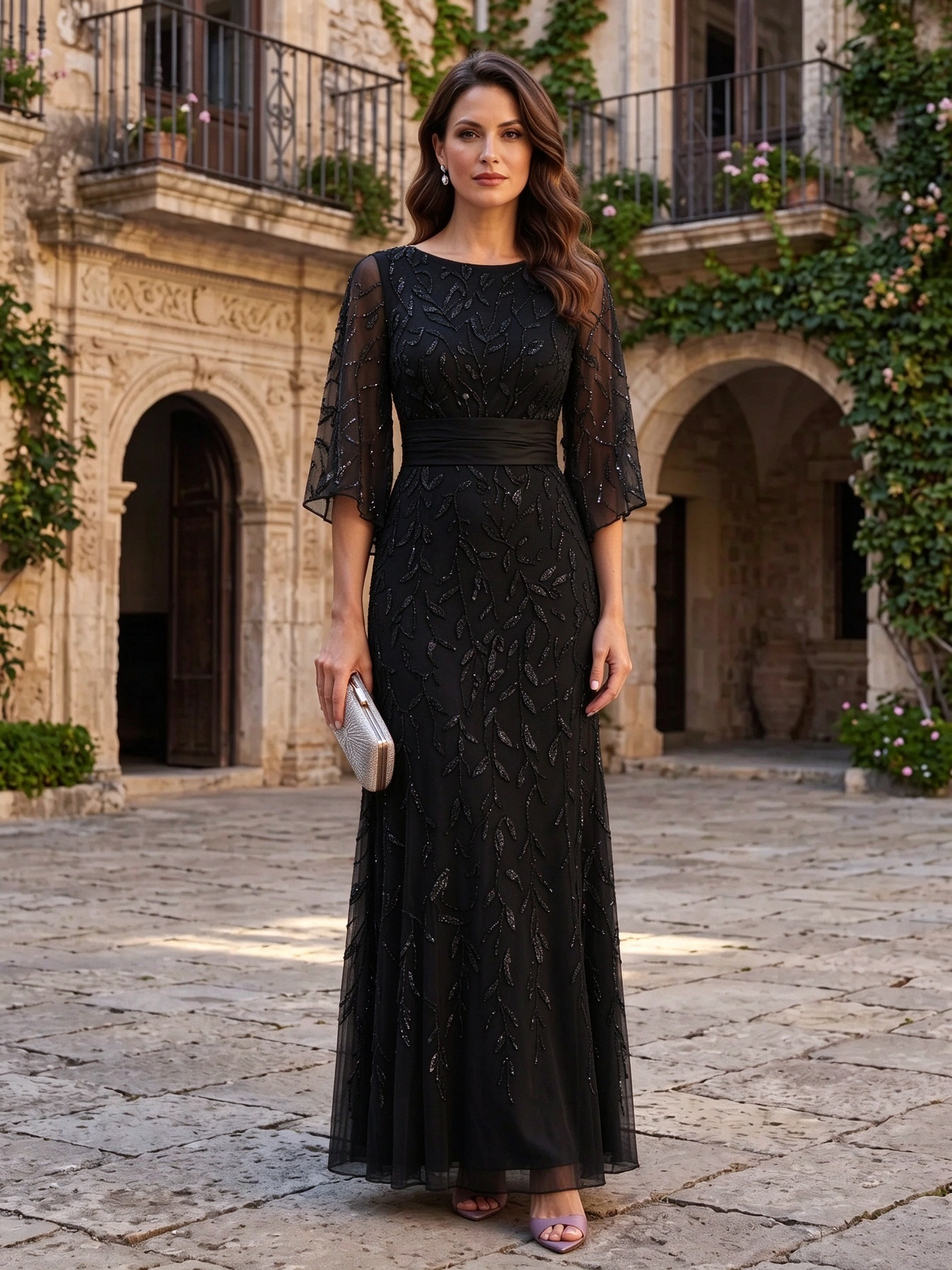 Dusty Rose Round Neck Flare Sleeve Sequin Leaf A-Line Maxi Dress