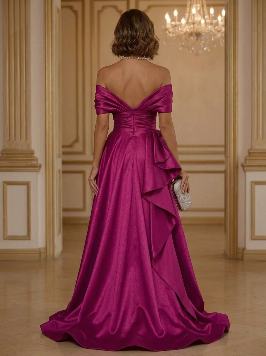 Fuchsia Off-the-Shoulder Short Sleeve Asymmetric Ruffle Front Slit Sheath Maxi Dress