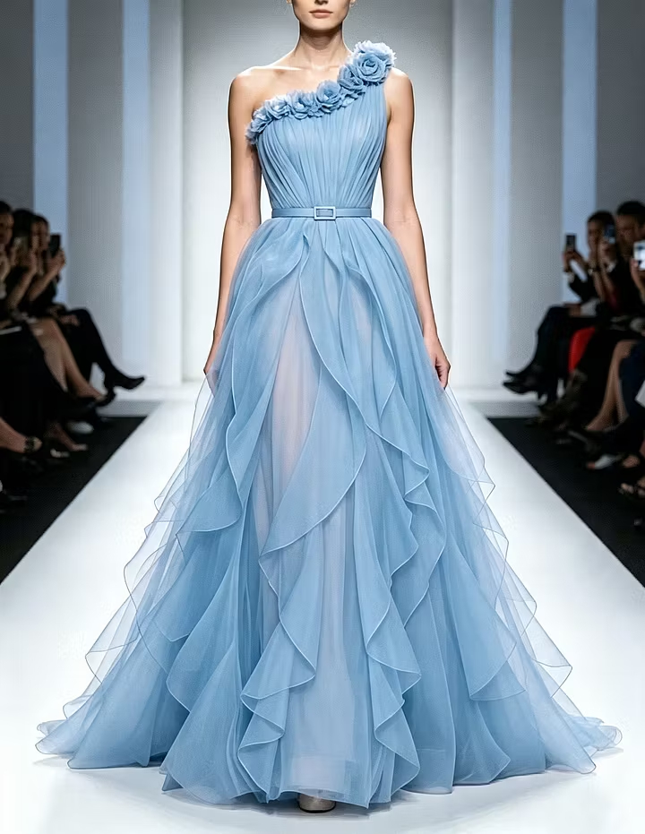 One‑Shoulder 3D Floral Tulle Ruffled Layers Waist Belt A‑Line Maxi Dress