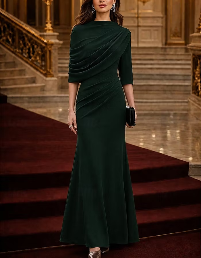 Ruched Mock Neck Mermaid 3/4 Sleeve Maxi Dress