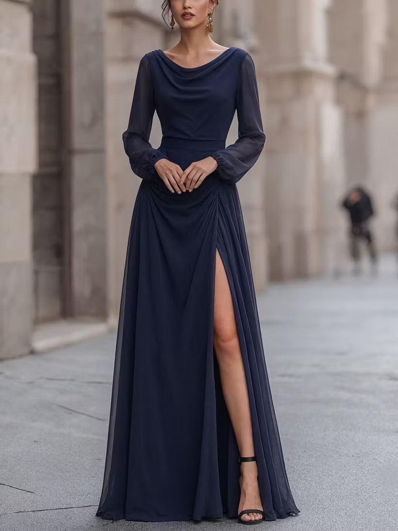 Dark Blue Draped Long Sleeved Chiffon Maxi Dress