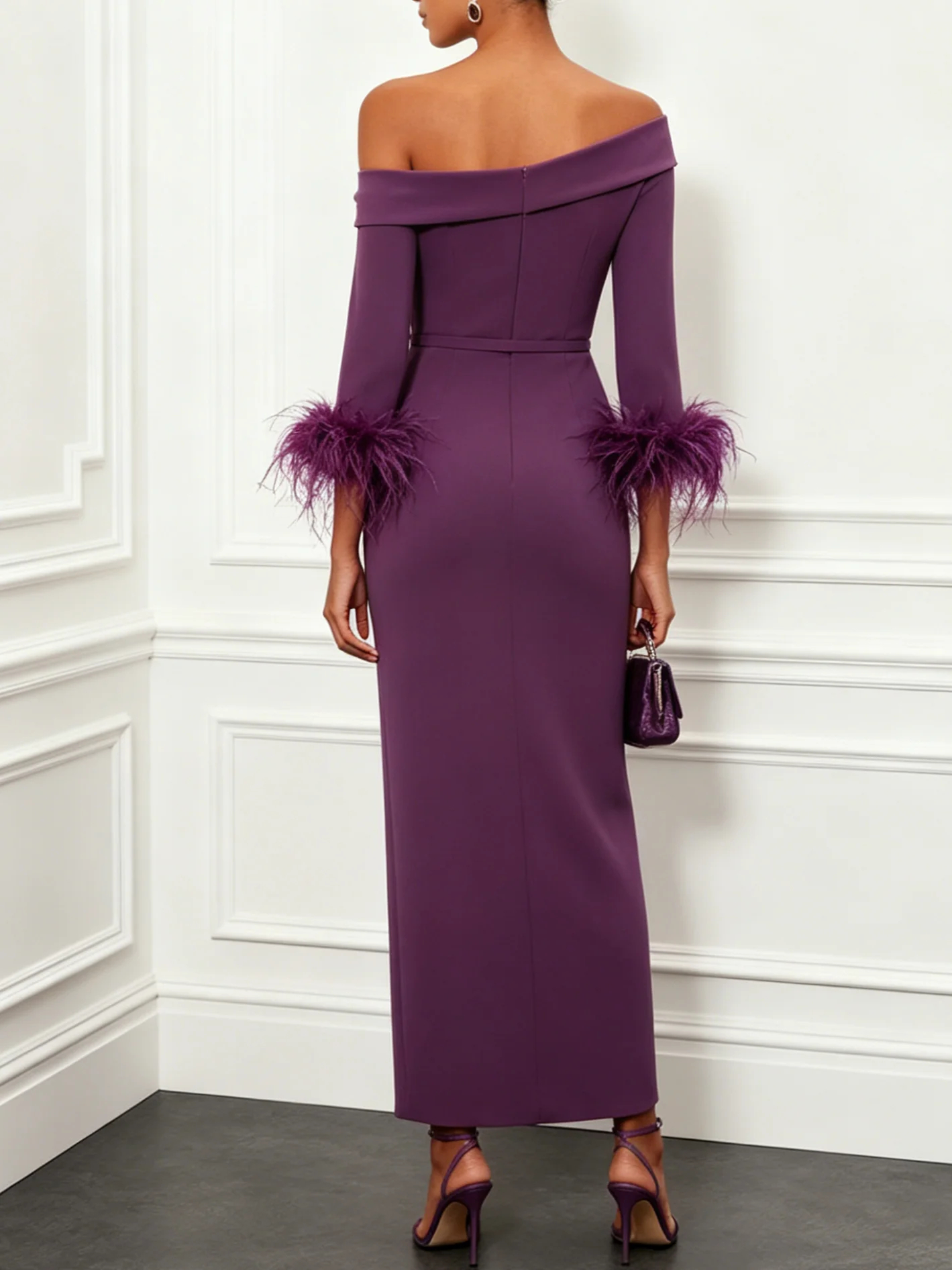 Purple Off Shoulder Feather Cuff Belted Maxi Dress
