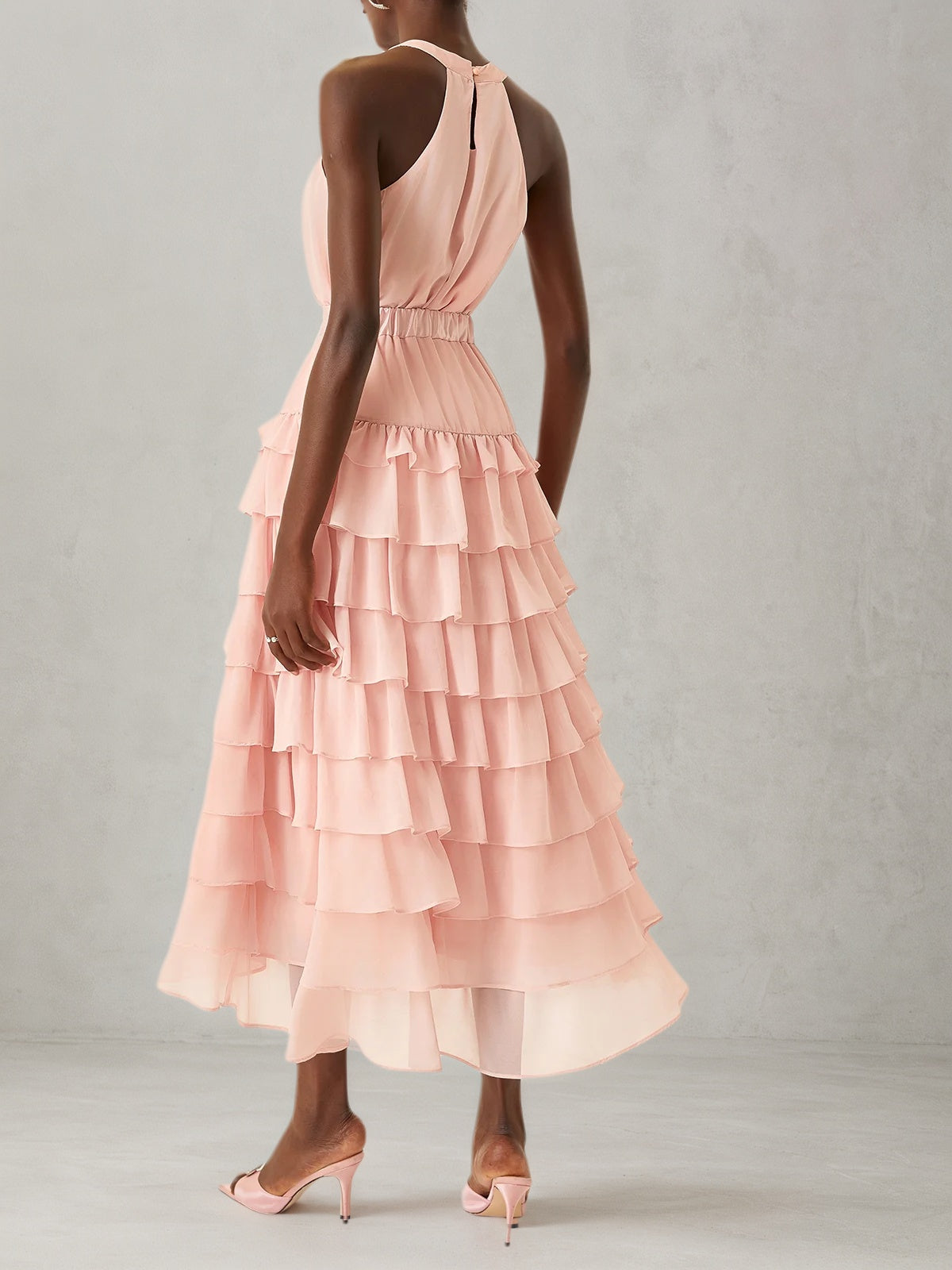 Pink Peplum Tiered Chiffon Halter Sleeveless A-Line Maxi Two-piece Dress
