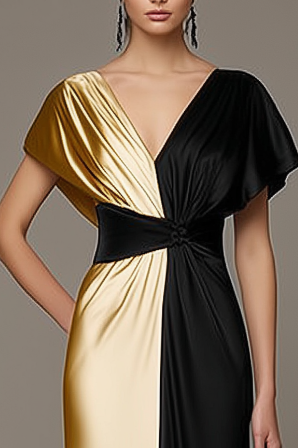 Formal ​Evening Dress Black V Neck Colorblock Maxi Dress