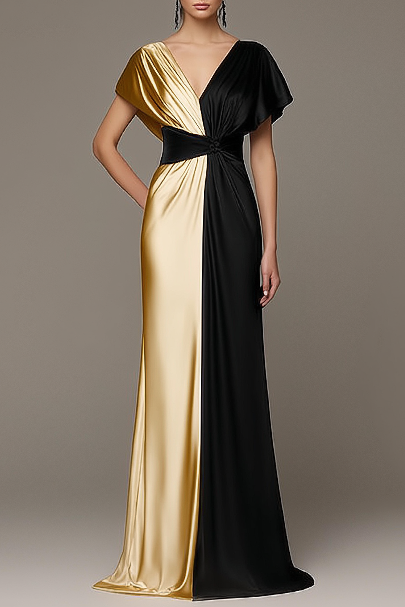 Formal ​Evening Dress Black V Neck Colorblock Maxi Dress