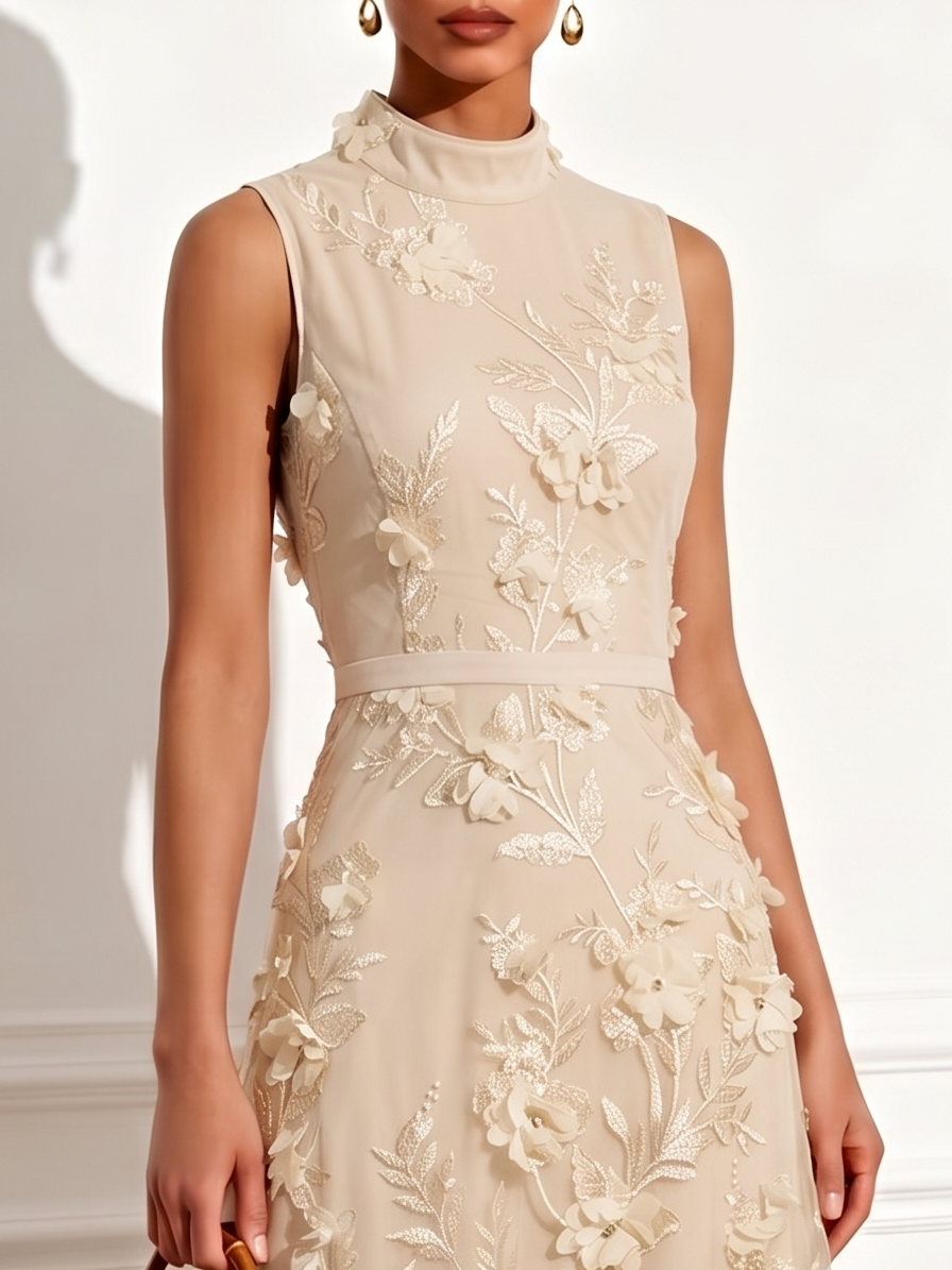 Champagne Sleeveless High Neck 3D Floral Lace A-Line Tea-Length Dress