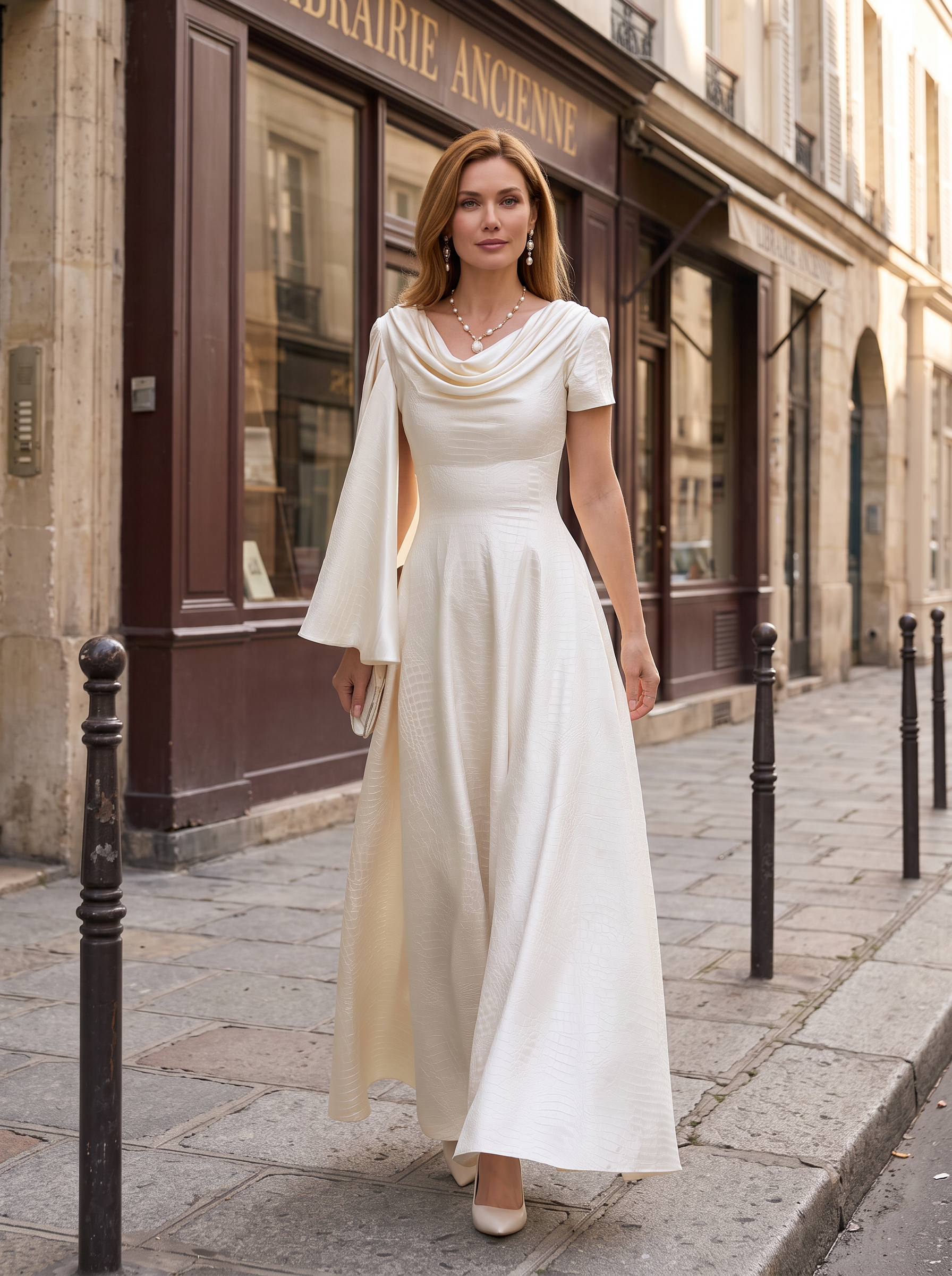Ivory Cowl Neck Short Sleeve Drape Satin A Line Maxi Dress