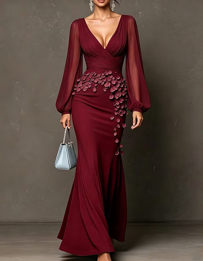 Deep V Sheer Puff Sleeve 3D Petal Chiffon Maxi Dress