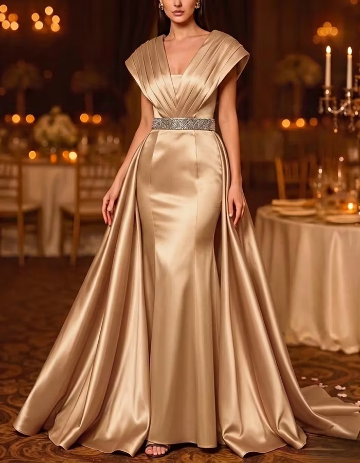 Gold Pleated V‑Neck Cap‑Sleeve Beaded‑Waist Satin Mermaid Maxi Dress