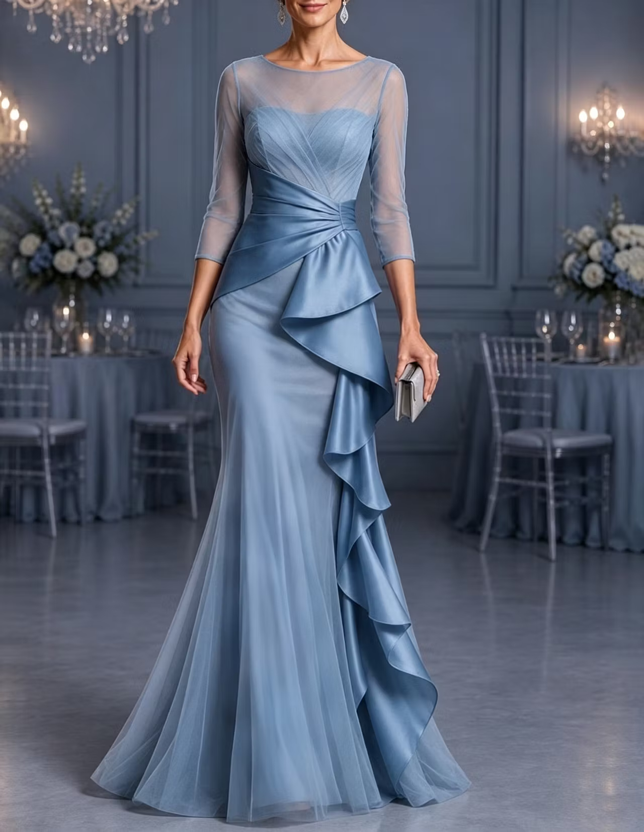 Illusion Round Neck Tulle & Satin Cascading Ruffles 3/4 Sleeve Mermaid Maxi Dress