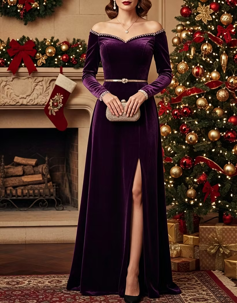 Off Shoulder Velvet Sequin A-Line Formal Maxi Dress