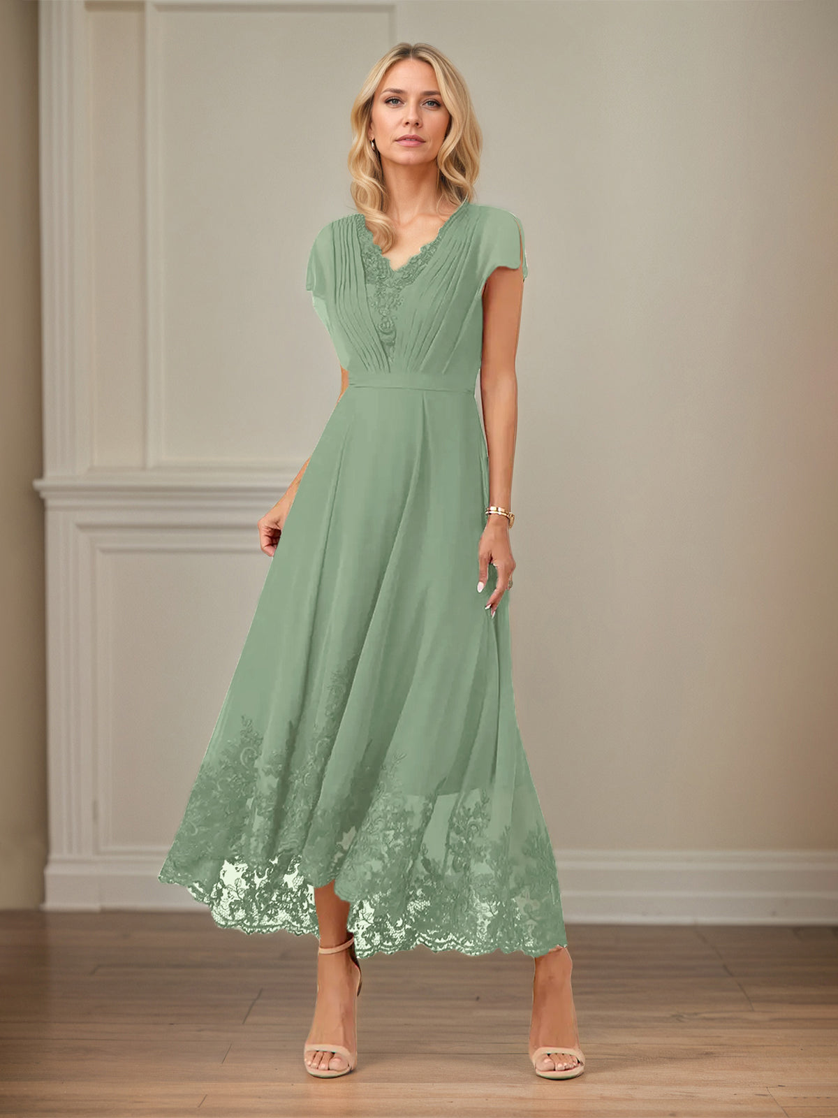 A Line V Neck Flutter Sleeve Ankle Length Chiffon Dress With Appliques