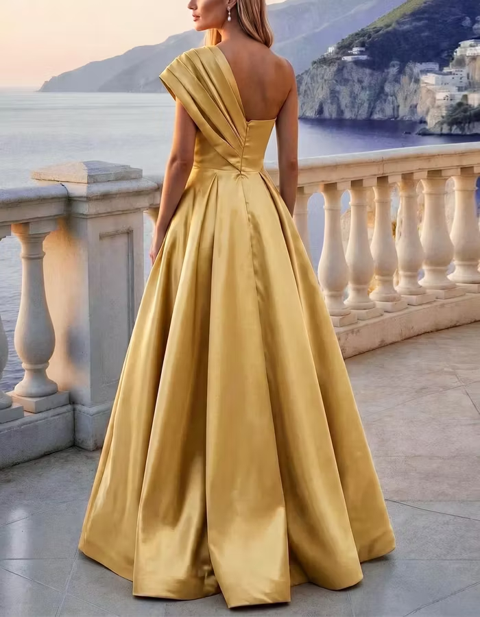 Solid Color Satin One Shoulder Draped Maxi Dress