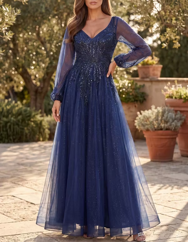 V‑Neck Sparkly Tulle Long Puff Sleeve Sequin Embroidery A‑Line Evening Maxi Gress