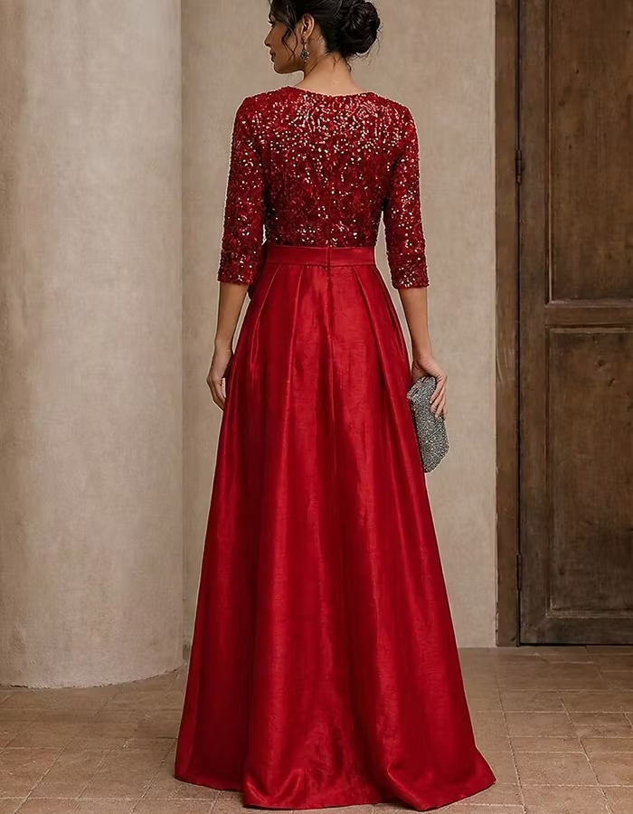 Sequin V‑Neck 3/4 Sleeve Satin A‑Line Slit Maxi Dress
