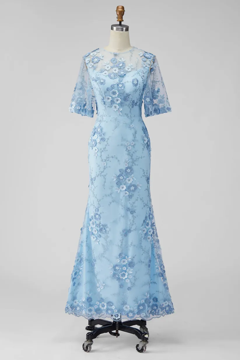 Light Blue Lace Embroidered 3/4 Sleeve Mermaid Maxi Dress