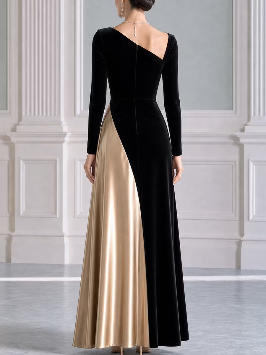 Black Velvet And Satin Asymmetrical Long Sleeve Maxi Gown