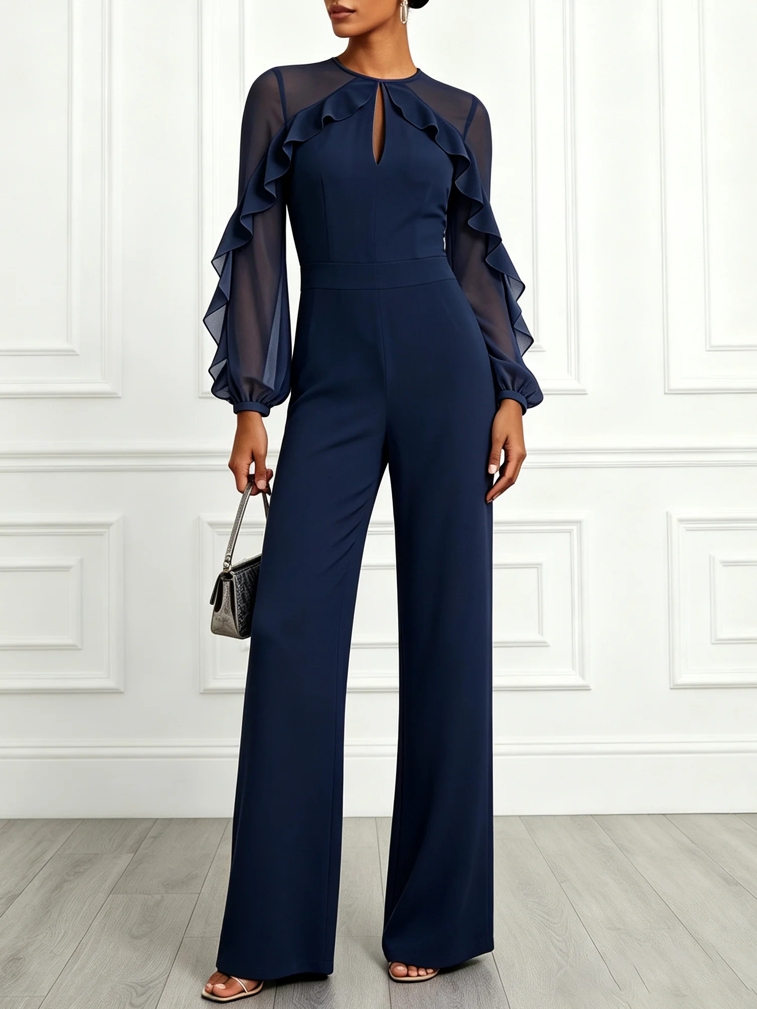 Navy Blue Ruffled Crew Neck Long Sleeve Balloon Sleeve Elegant Jumpsuit