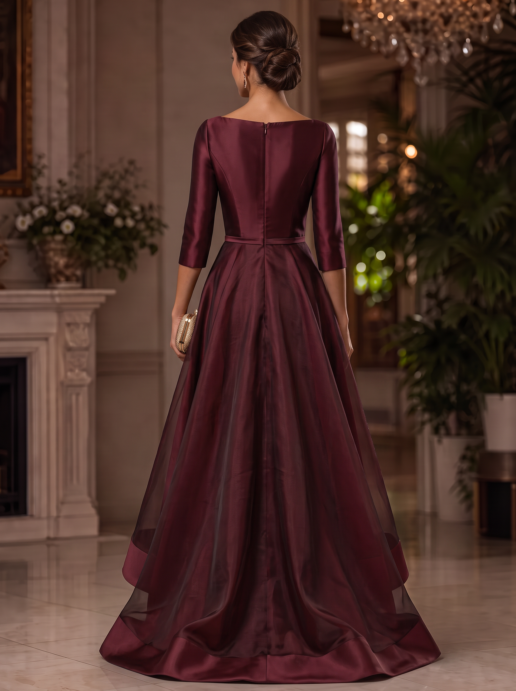 Burgundy Draped Waist Organza High-Low Maxi Dress