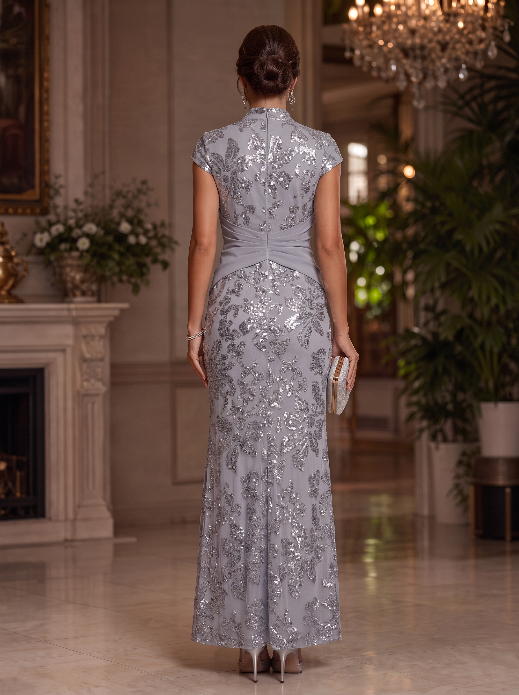 Sheath V-Neck Sequin Short Sleeve Maxi  Dresses with Ruched Waist & Side Sash