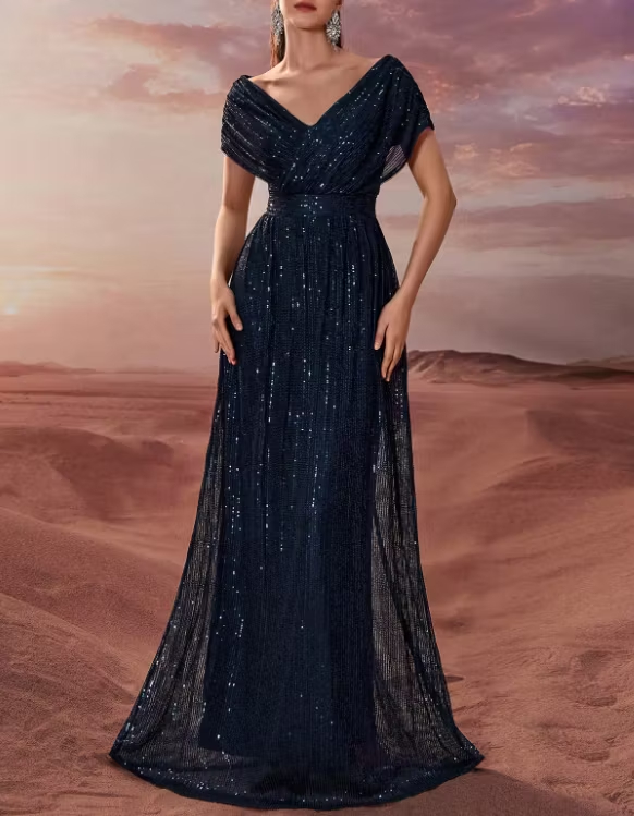 Navy Blue V‑Neck Sequin Tulle Fitted Waist A‑Line Maxi Dress