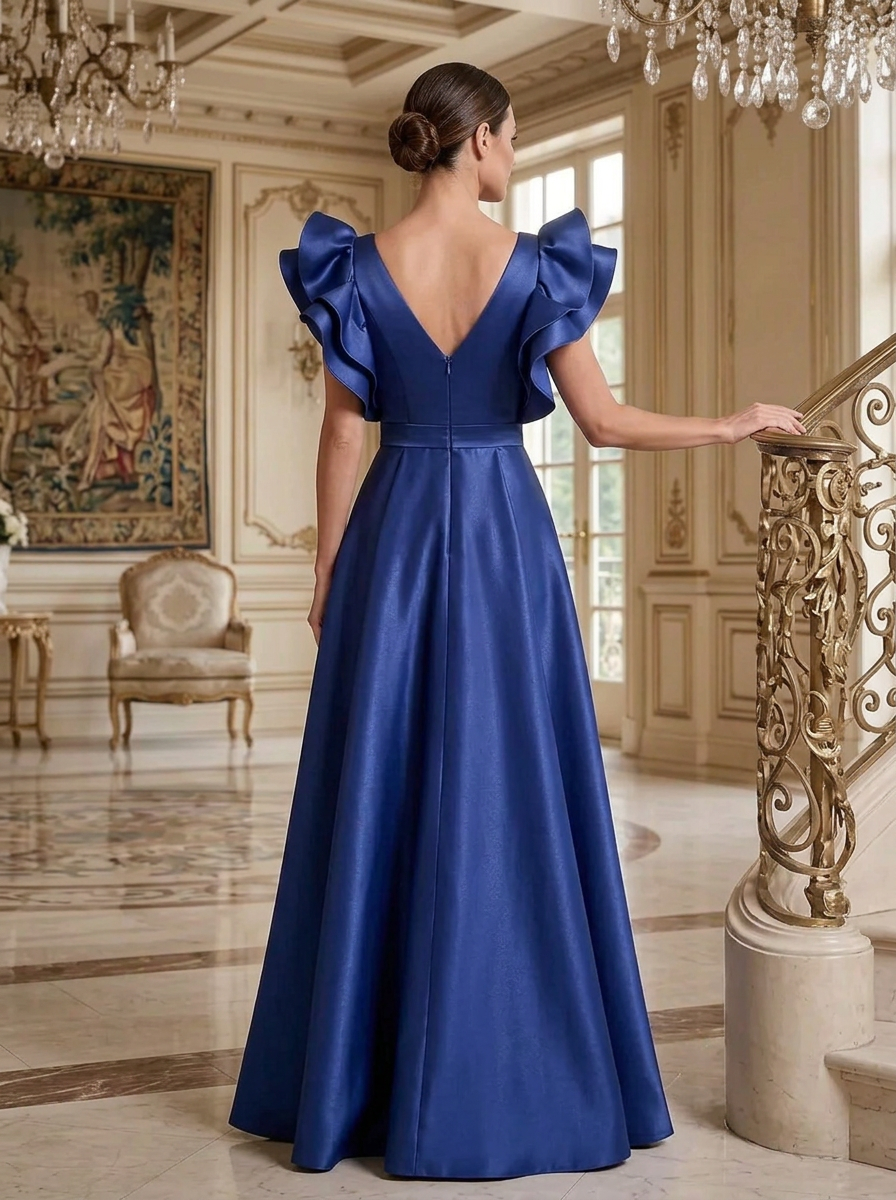Navy Blue Deep-V Ruffle Wide-Waistband Satin A-Line Maxi Dress