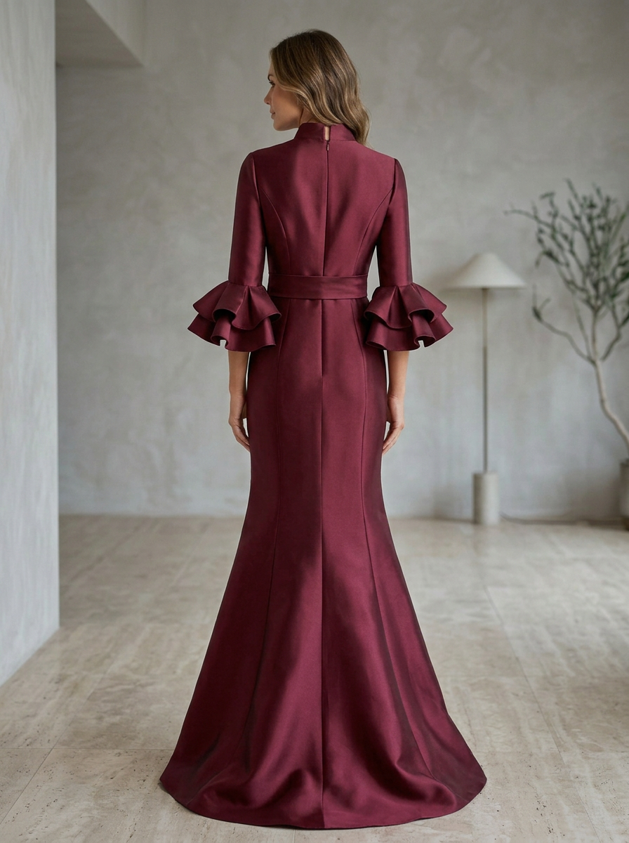 Burgundy Surplice V-Neck Ruffle-Cuff Sash Mermaid Maxi Dress