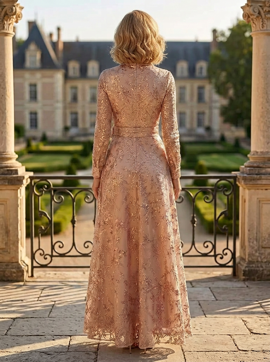 Champagne Long Sleeve Sequin Lace A Line Floor-Length Maxi Dress