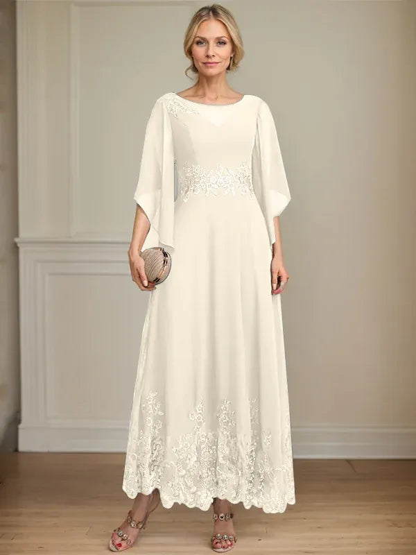 A-line Scoop Illusion Ankle-Length Lace Chiffon Mother of the Bride Dress With Sequins