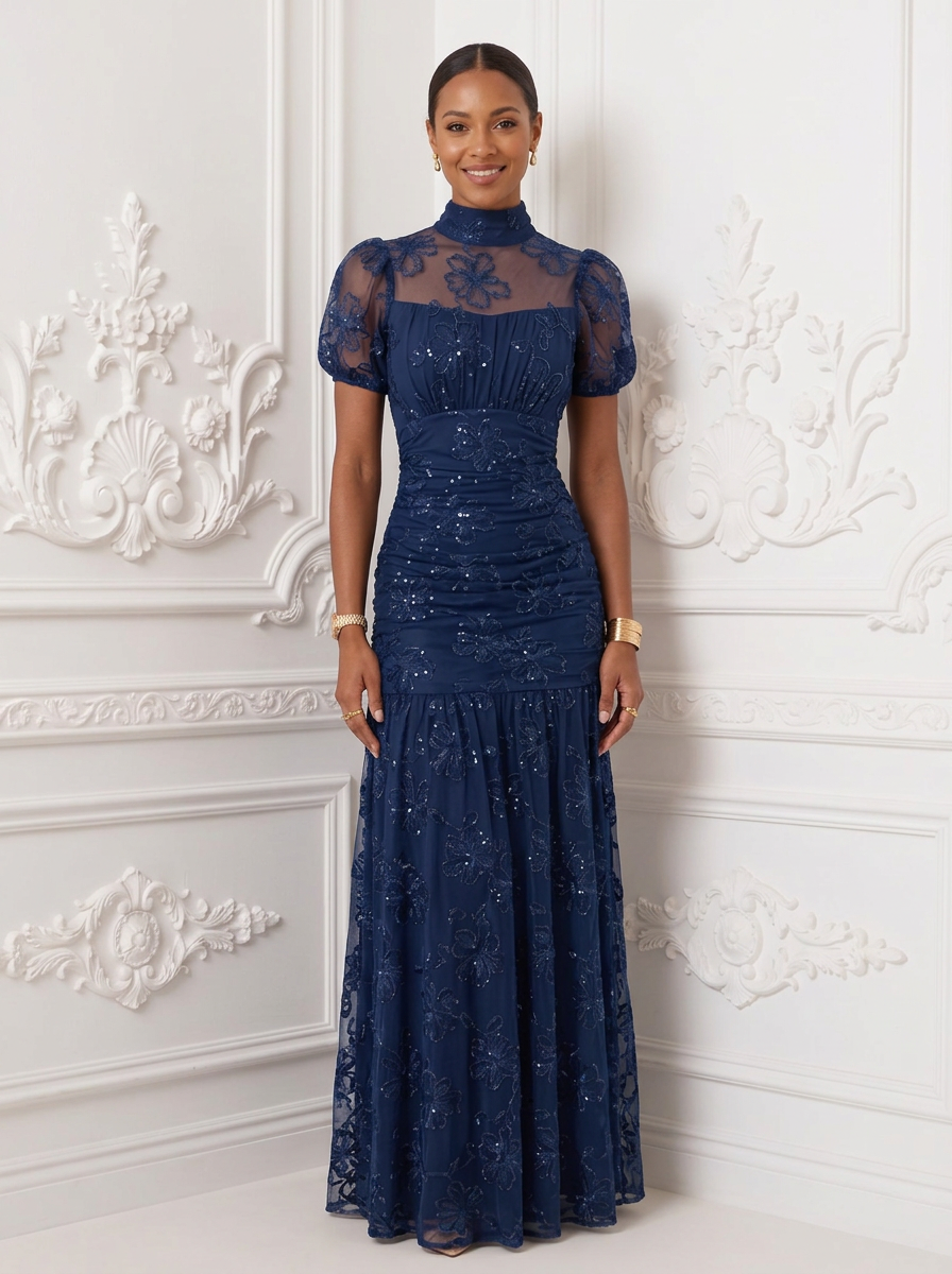 Navy Blue High Neck Puff Sleeve Floral Lace Mermaid Maxi Dress