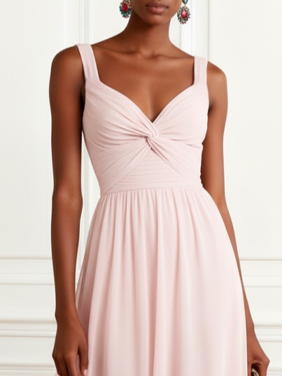 Pink Ruched Knot Chiffon Sweetheart Neckline Sleeveless A-Line Maxi Dress