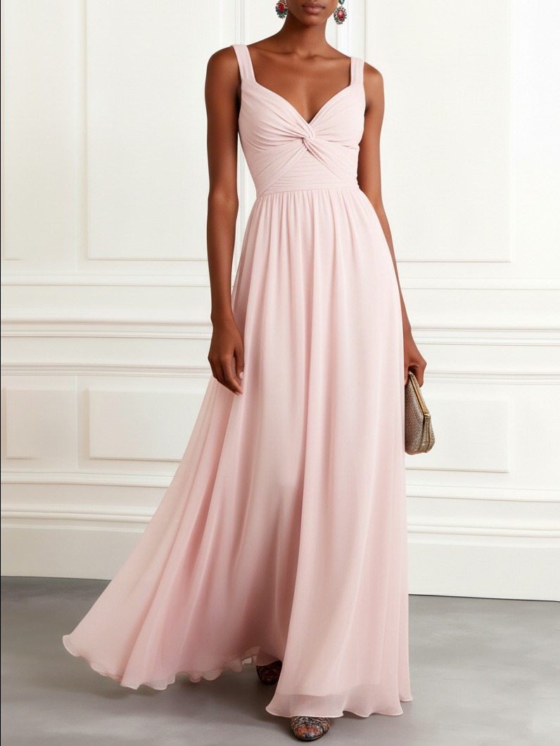 Pink Ruched Knot Chiffon Sweetheart Neckline Sleeveless A-Line Maxi Dress