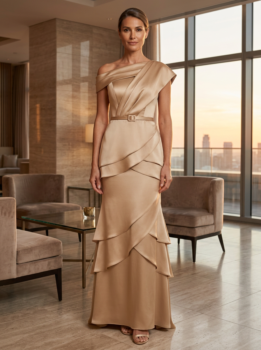 Champagne One-Shoulder Waistband Tiered Ruffle Satin Mermaid Maxi Dress