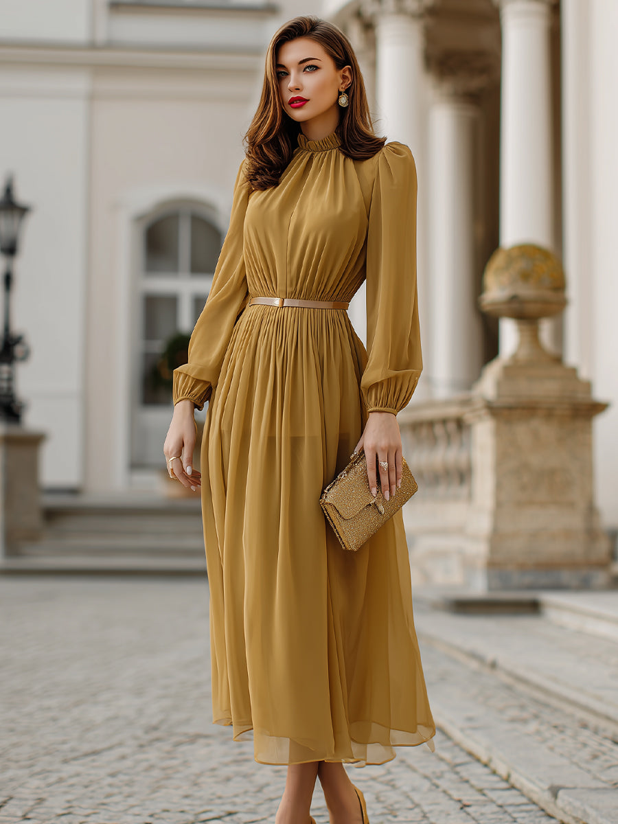 High-Neck Pleated Midi Dress With Belted Waist