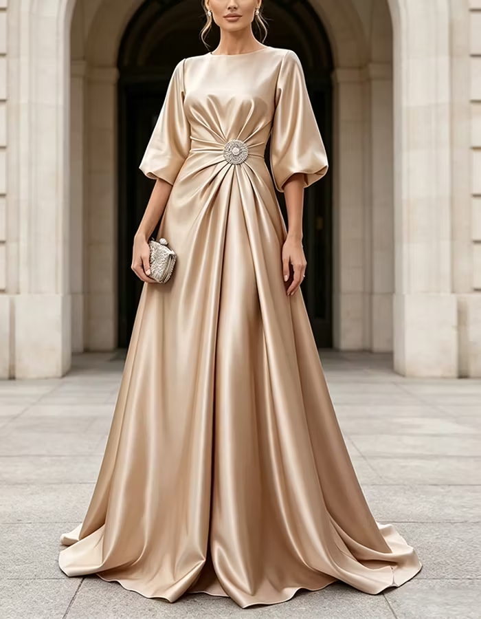 Champagne Boat Neck Puff Sleeve Satin Floor‑Length Maxi Dress