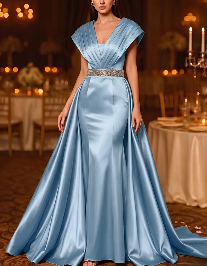 Gold Pleated V‑Neck Cap‑Sleeve Beaded‑Waist Satin Mermaid Maxi Dress