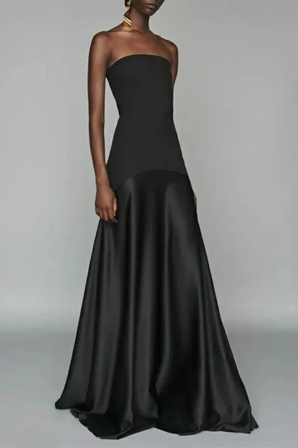 Wedding Guest Dress Black Bandeau Off-shoulder Sleeveless Draped Maxi Dress