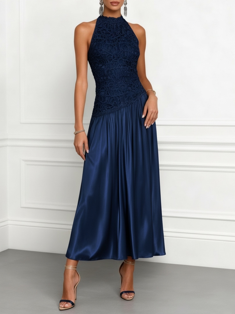 Navy Blue Lace Satin Crew Neck Sleeveless A-Line Maxi Dress