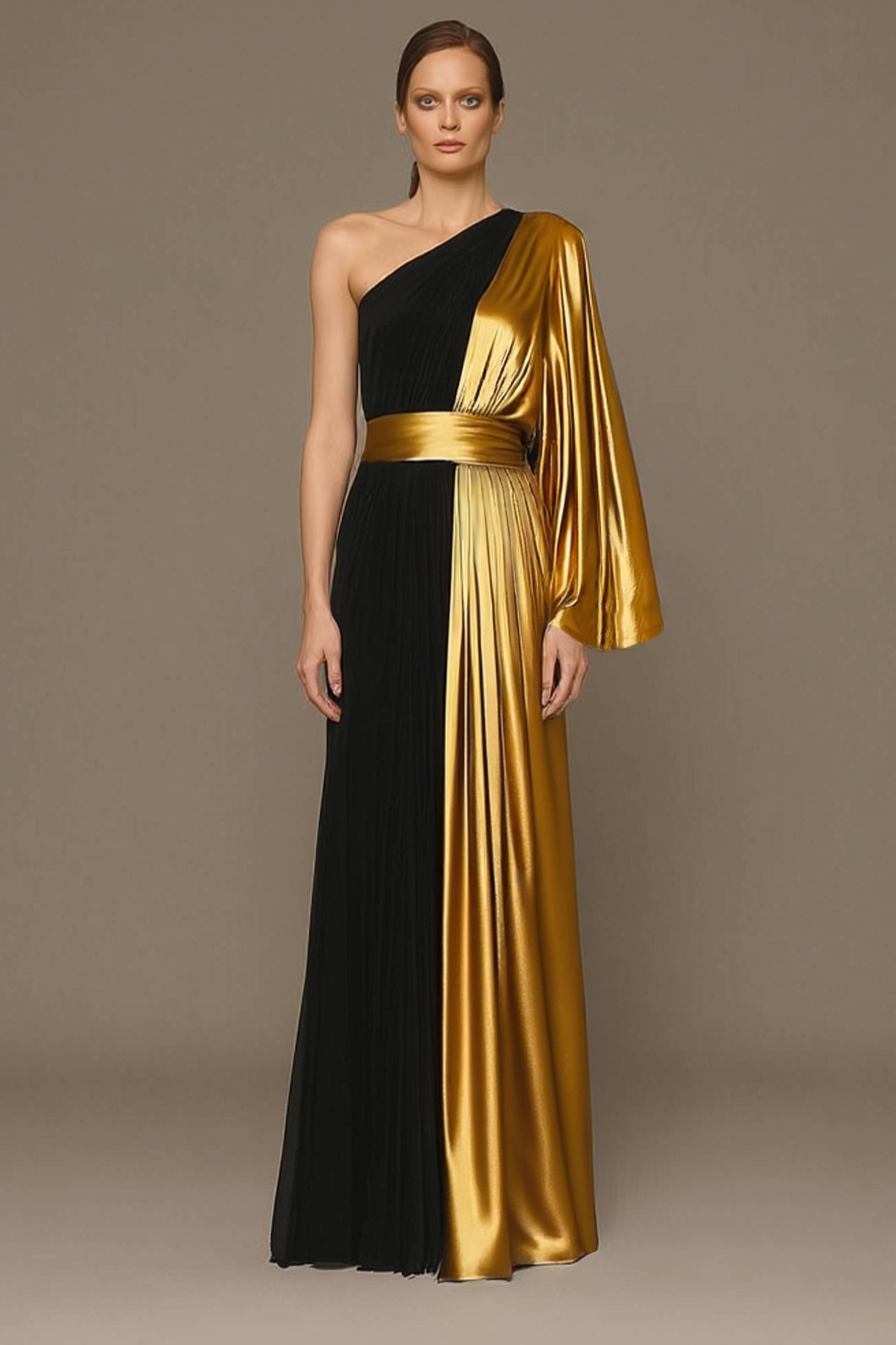Formal ​Evening Dress Black One Shoulder Colorblock Maxi Dress