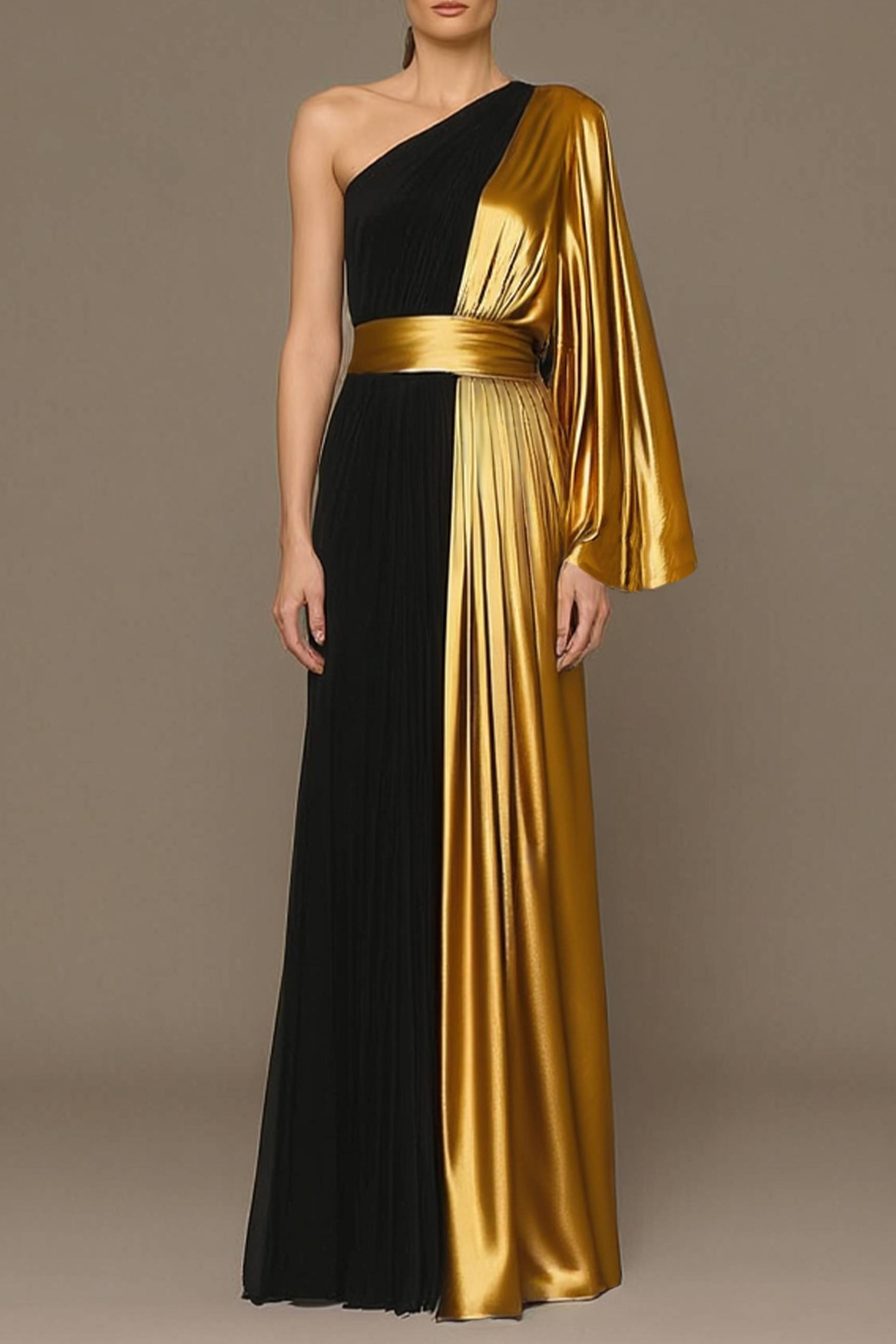Formal ​Evening Dress Black One Shoulder Colorblock Maxi Dress