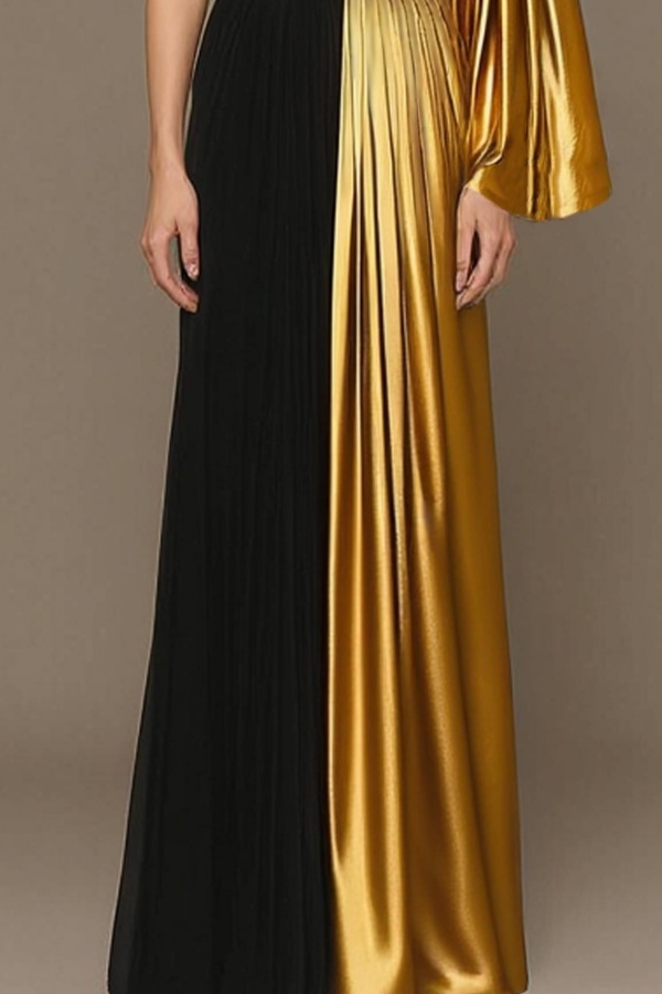 Formal ​Evening Dress Black One Shoulder Colorblock Maxi Dress