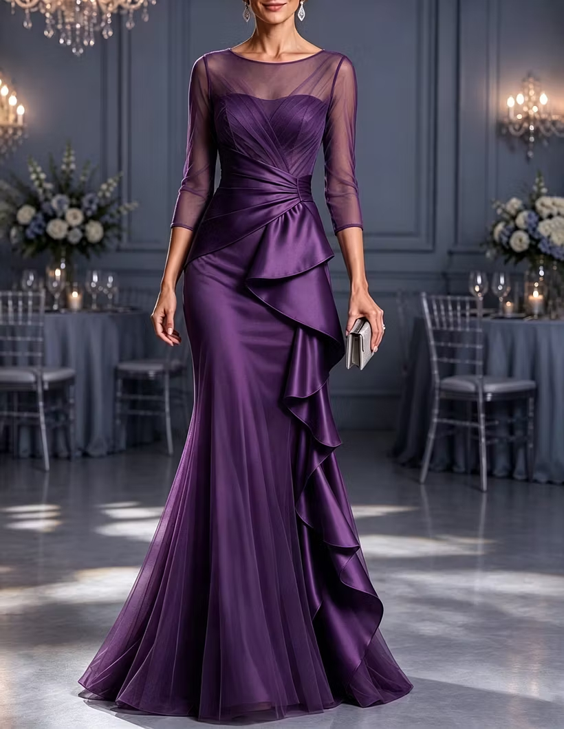 Illusion Round Neck Tulle & Satin Cascading Ruffles 3/4 Sleeve Mermaid Maxi Dress