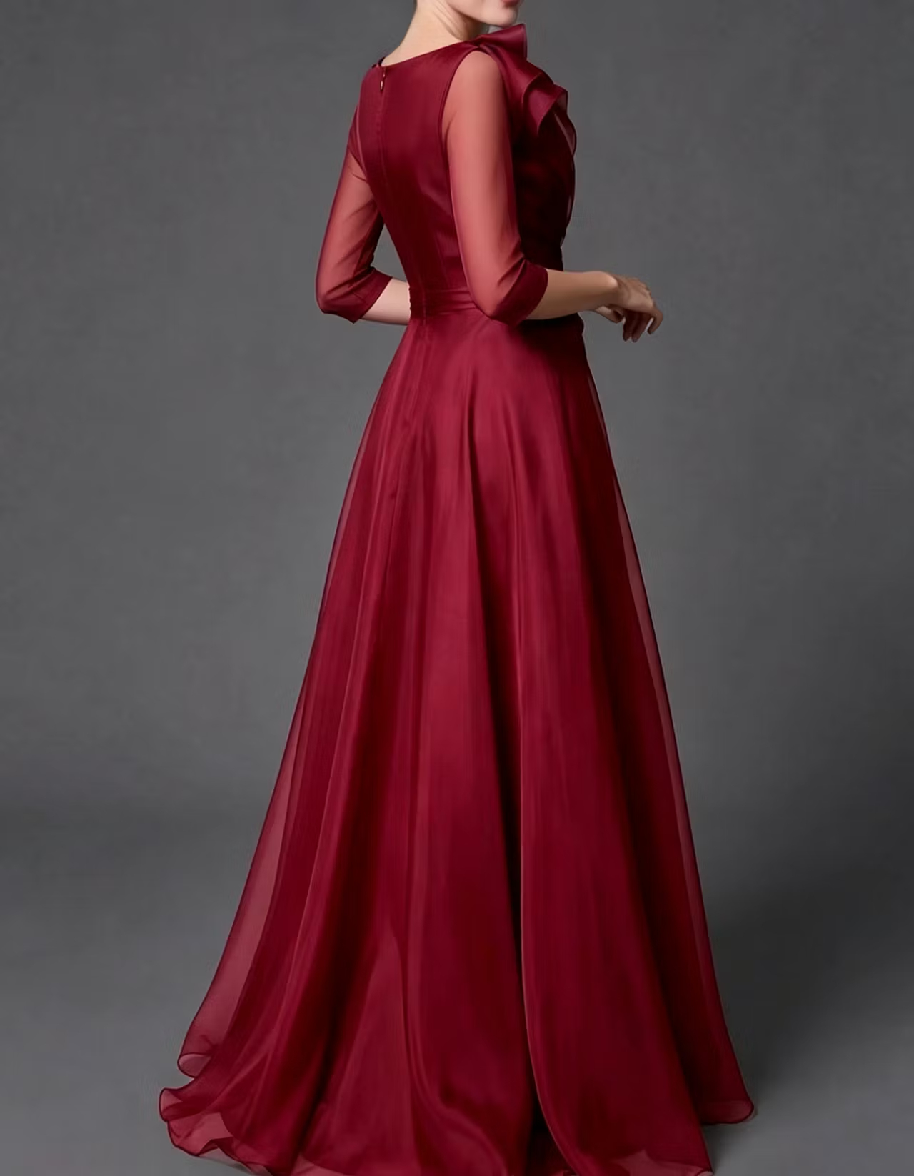 Burgundy Boat-Neck Mesh-Sleeve Ruched Twist Maxi Dress