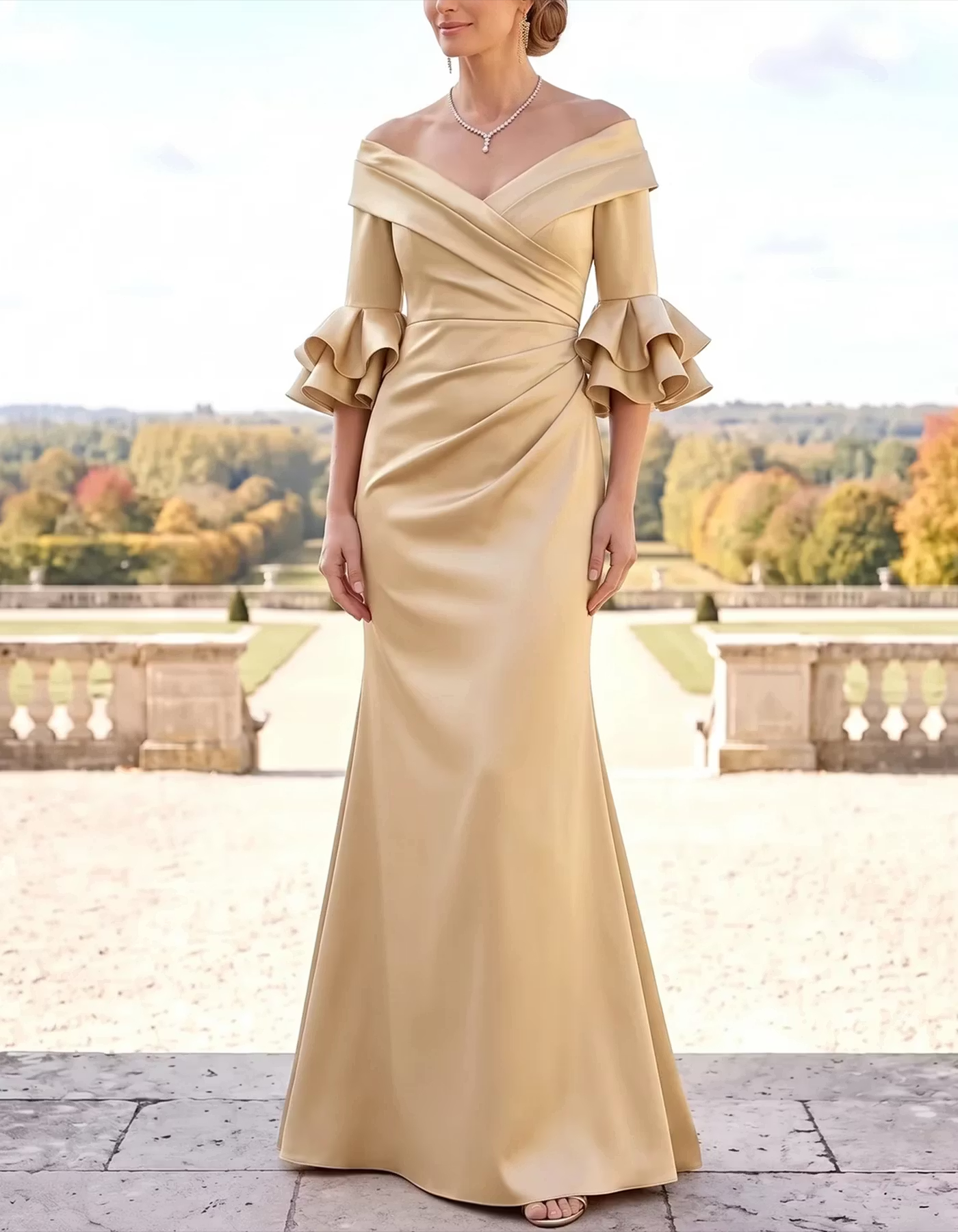 Champagne Off-Shoulder Flounce-Sleeve Mermaid Maxi Dress